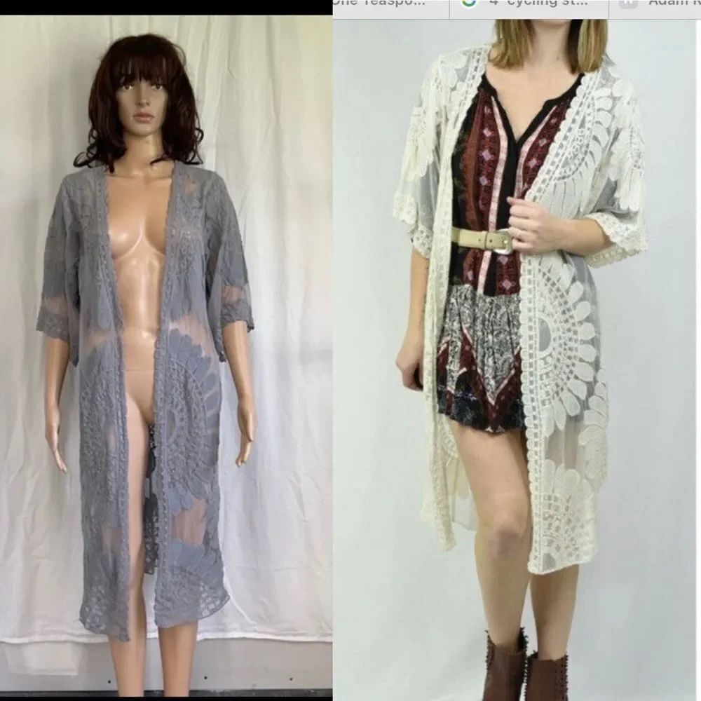 Rebellion Again Grey Open Front Wide 3/4 Sleeve Lace Duster Kimono L